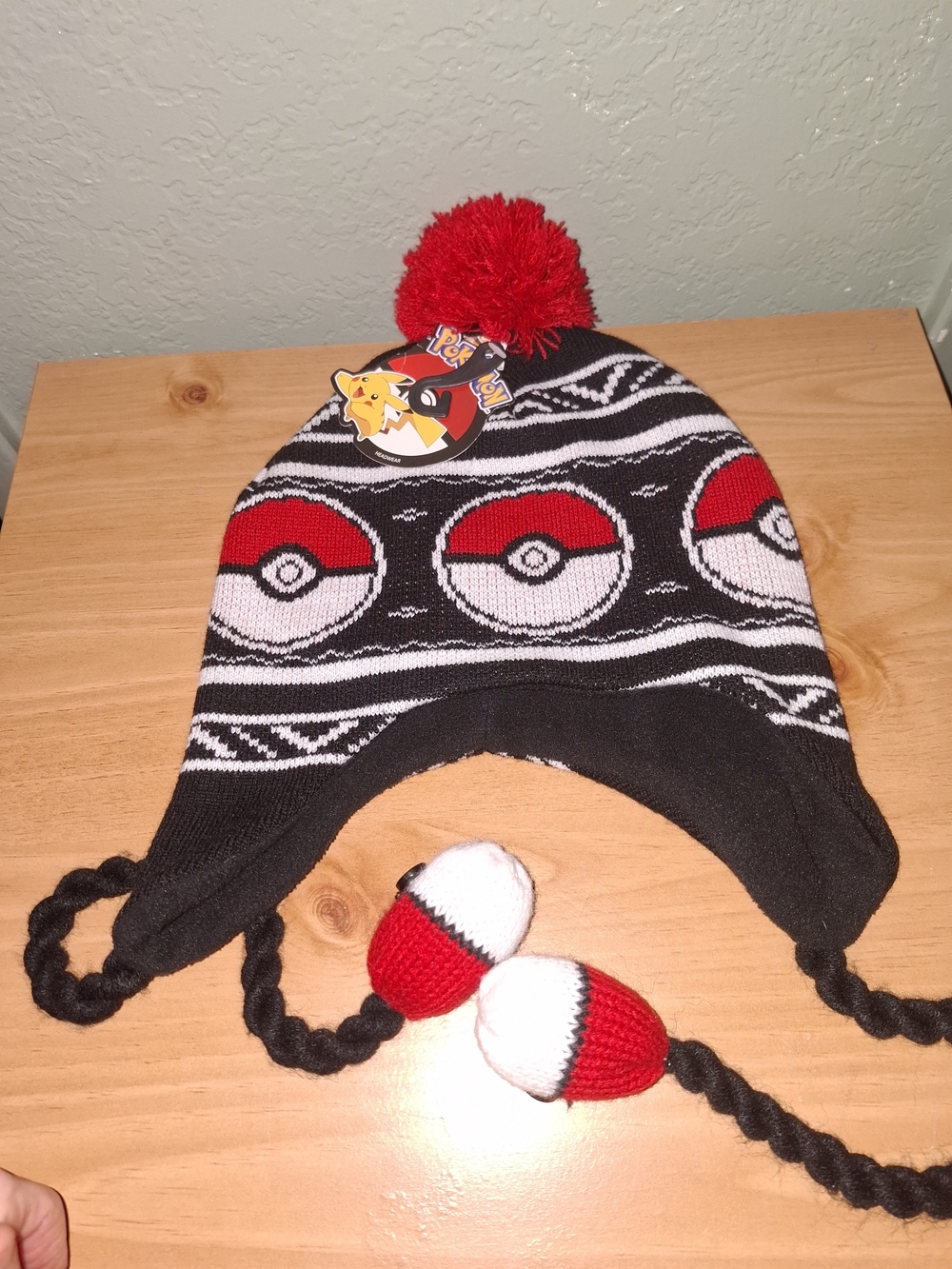 Pokemon Kids Black & Red Pom Pom Knit Hat with Earflaps
